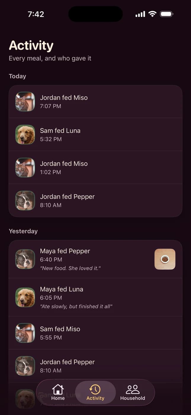 The Activity tab listing who fed each pet and at what time, with a note and a meal photo.