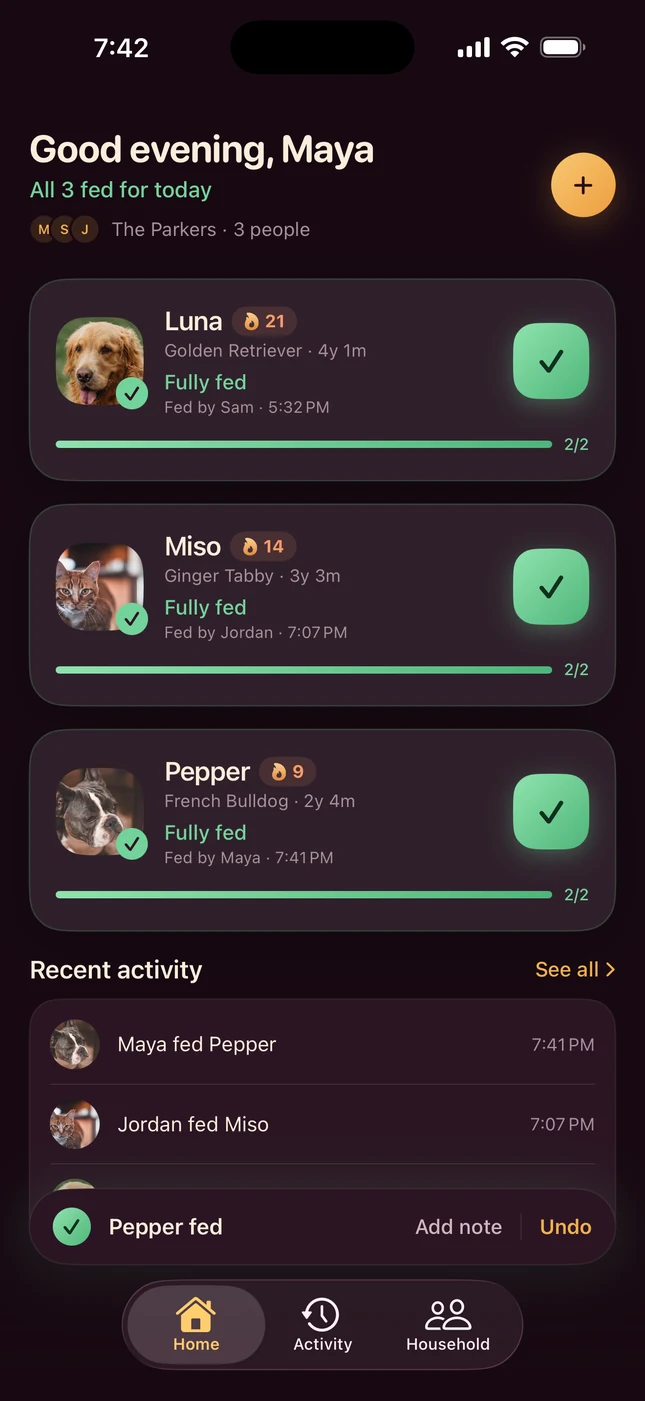 PetSync home screen right after tapping Feed for Pepper, with Undo in the confirmation bar.
