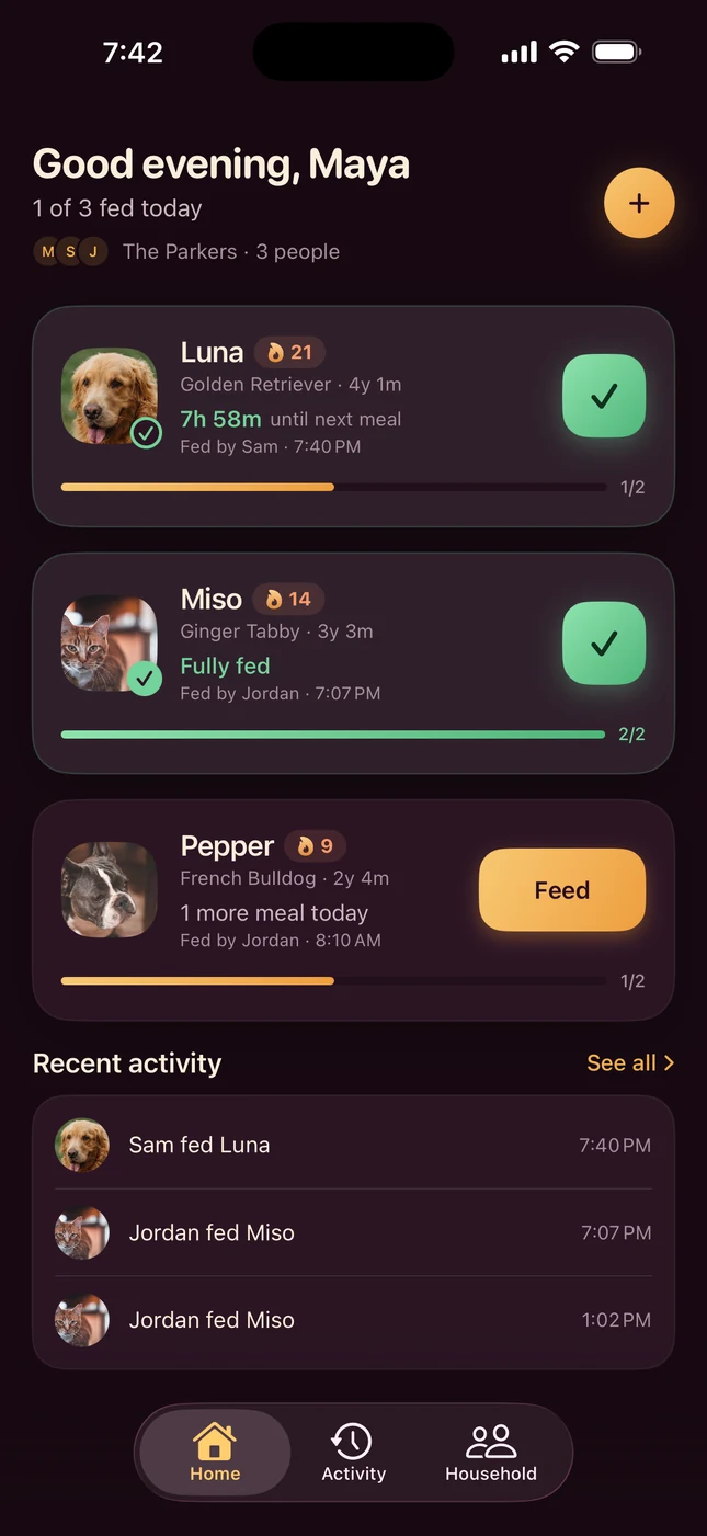 The PetSync home screen. Sam just fed Luna, Miso is fully fed, and Pepper has one more meal today.