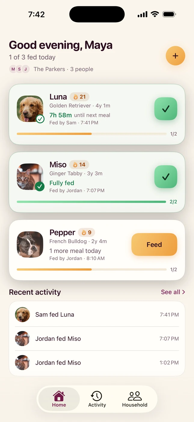 The PetSync home screen in light mode.