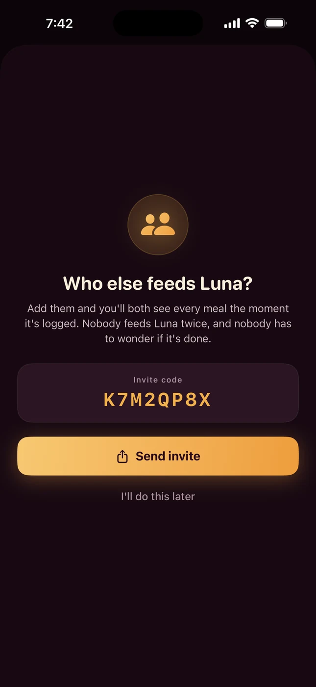 The invite screen showing a household code and a Send invite button.